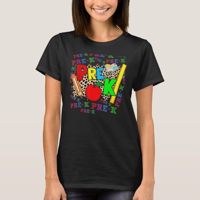 Leopard Pre K Typography Preschool Teacher Back To T Shirt (Framsida)
