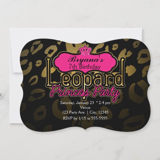 Leopard Princess Party Guld Födelsedagsinbjudninga Inbjudningar (Framsida)