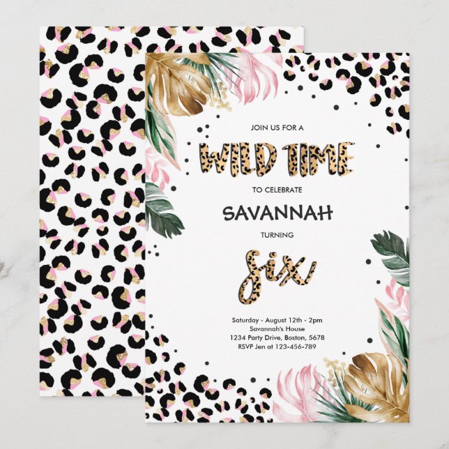 Leopard Print 6e Birthday Safari Jungle Party Inbjudningar (Fram/baksida)