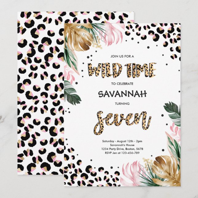Leopard Print 7:e Birthday Safari Jungle Party Inbjudningar (Fram/baksida)