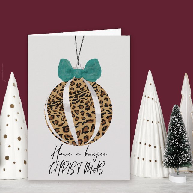Leopard Print Bauble Grönt Bow Boujee jul Kort (Leopard Print Bauble Christmas Card. Buy professionally printed or as printable digital download.)