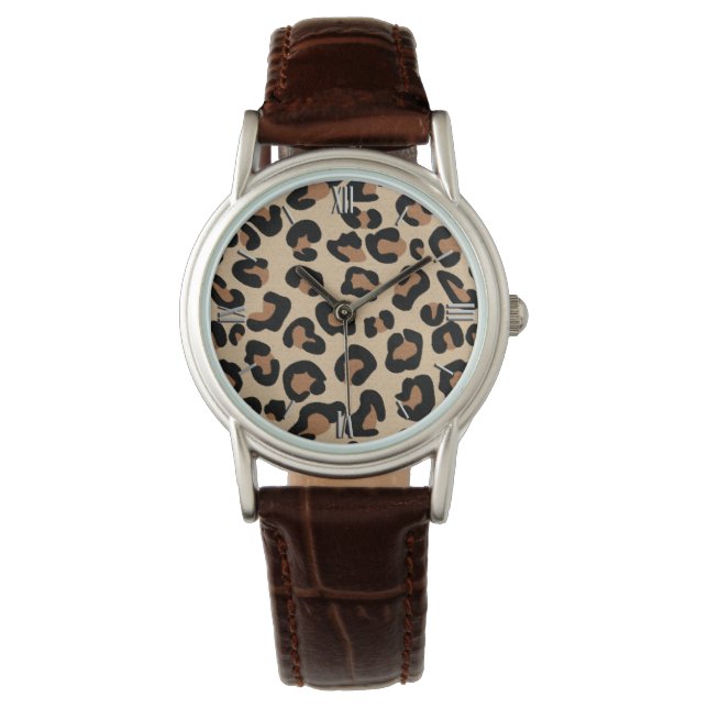 Leopard Print, Black, Brown, Rust och Tan Armbandsur (Framsida)