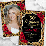 Leopard Print Black Guld Photo 50:e födelsedagen Inbjudningar<br><div class="desc">Elegant femininininbjudan på 50 års födelsedag med ditt foto på baksidan av kortet. Glam black design with animal leopard print and faux glitter guld. Funktioner röd ros, typsnitt för skript och konfiguration. Perfekt för en snyggt vuxen under firande party. Anpassa med dina egna detaljer. Kan anpassas för vilken ålder som...</div>