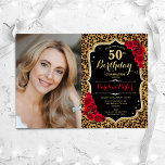 Leopard Print Black Guld Red Photo 50:e födelsedag<br><div class="desc">Femininininbjudan till elegantens blommigt på 50 år med ditt foto. Glam svart röd design med faux glitter guld. Innehåller animaliskt leopardtryck, röd ros, skriptteckensnitt och konfekti. Perfekt för en snyggt vuxen under firande party. Anpassa med dina egna detaljer. Kan anpassas för vilken ålder som helst! Skrivna Zazzle-inbjudningar eller digital utskrivbar...</div>