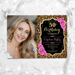Leopard Print Black Guld Rosa Photo 50:e födelseda Inbjudningar