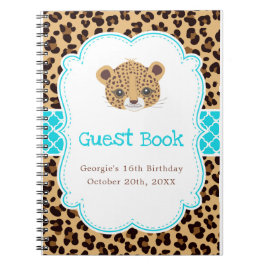 Leopard Print Blue Quatrefoil Birthday Party Anteckningsbok