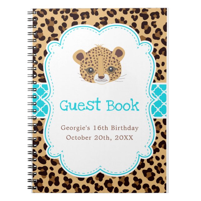 Leopard Print Blue Quatrefoil Birthday Party Anteckningsbok (Framsidan)