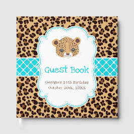 Leopard Print Blue Quatrefoil Birthday Party Gästböcker