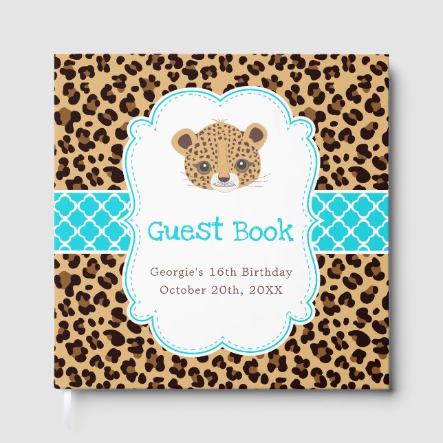 Leopard Print Blue Quatrefoil Birthday Party Gästböcker (Framsida)