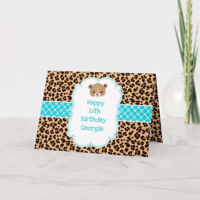 Leopard Print Blue Quatrefoil Kort (Framsida)