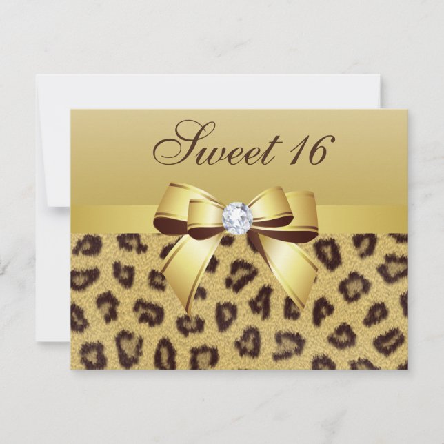Leopard Print, Bow & Diamond Sweet 16 Inbjudningar (Framsida)