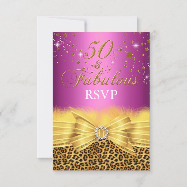Leopard Print & Bow Rosa 50 & Fantastisk RSVP Inbjudningar (Framsida)