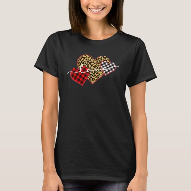 Leopard Print Buffalo Plaid Love Valentines Day He T Shirt (Framsida)