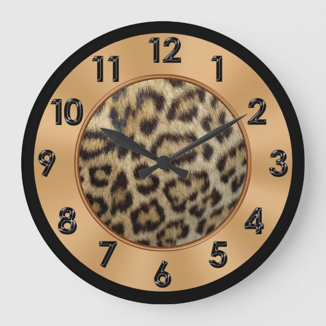 Leopard Print Decor Guld, Black and Tan Färg Stor Klocka (Framsida)