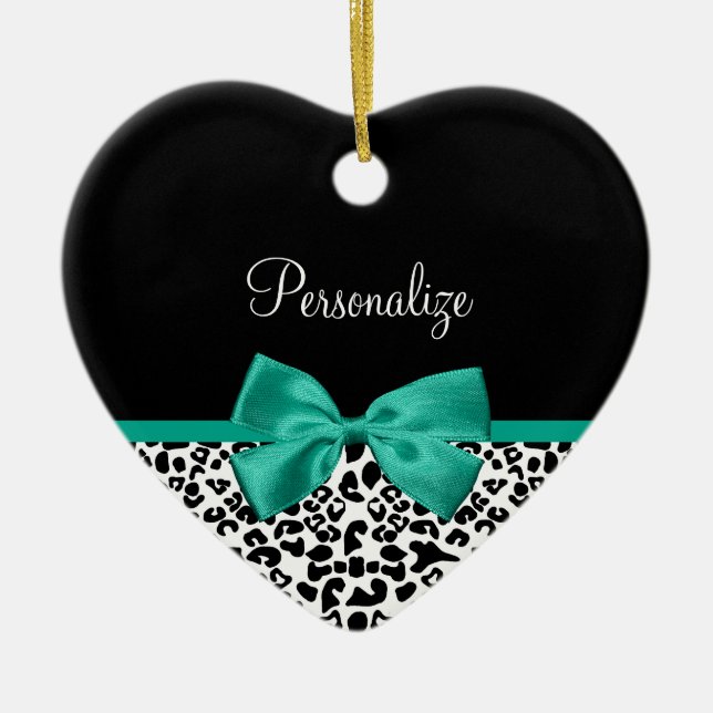 Leopard Print Emerald Grönt Ribbon Bow Chic Namn Julgransprydnad Keramik (Framsidan)