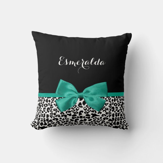 Leopard Print Emerald Grönt Ribbon Bow Chic Namn Kudde (Framsida)