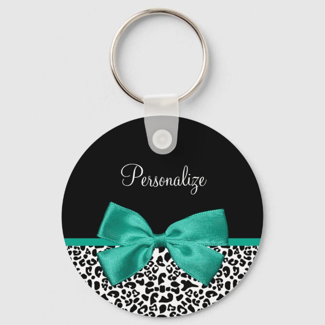 Leopard Print Emerald Grönt Ribbon Bow Chic Namn Nyckelring (Framsida)