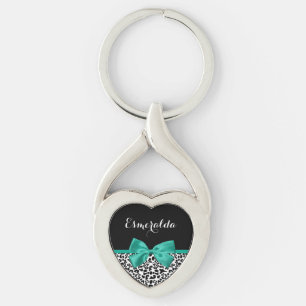Leopard Print Emerald Grönt Ribbon Bow Chic Namn Twisted Heart Silverfärgad Nyckelring