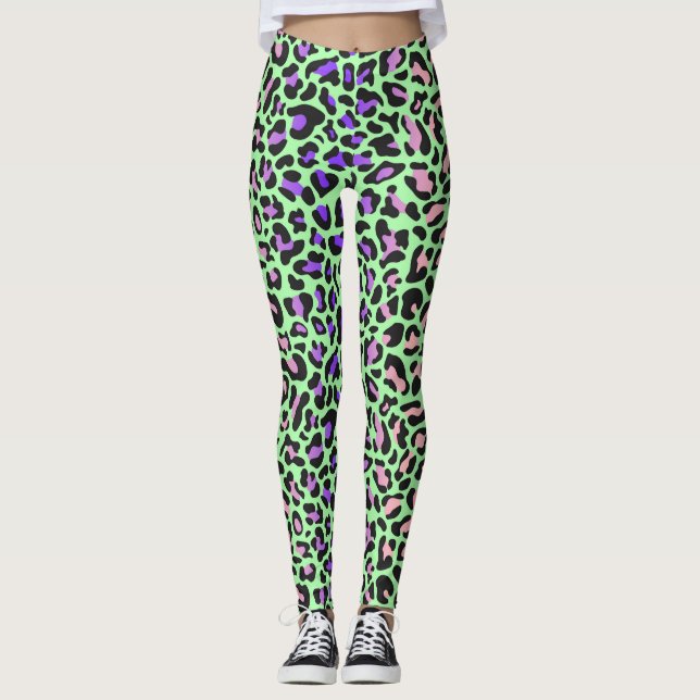 Leopard Print Grönt Lila Rosa Black Leggings (Framsida)