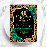 Leopard Print Grönt Ro 40:e födelsedagen<br><div class="desc">40:e födelsedagsinbjudan. blommigten av eleganten framträder med grönt med faux glitter guld och ro. Innehåller leopard cheetah-djurtryck och skriptteckensnitt. Perfekt för en snyggt kvinnor i firande. Kan anpassas för vilken ålder som helst! Skrivna Zazzle-inbjudningar eller digital utskrivbar mall för omedelbar nedladdning.</div>
