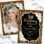 Leopard Print Guld Black Photo 50:e födelsedagen Inbjudningar<br><div class="desc">Elegant 50-årsinbjudan med ditt foto på baksidan av kortet. Glam svartvit design med ett avtryck av leopard och faux glitter guld. Funktioner vit ros, typsnitt för skript och konfiguration. Perfekt för en snyggt vuxen under firande party. Anpassa med dina egna detaljer. Kan anpassas för vilken ålder som helst! Skrivna Zazzle-inbjudningar...</div>