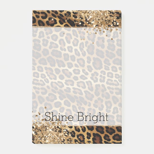 Leopard Print Guld Glitzy Gnistra Glitter Post-it Block (Framsida)