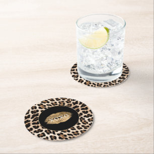Leopard Print Guld Läpp XOXO Underlägg Papper Rund