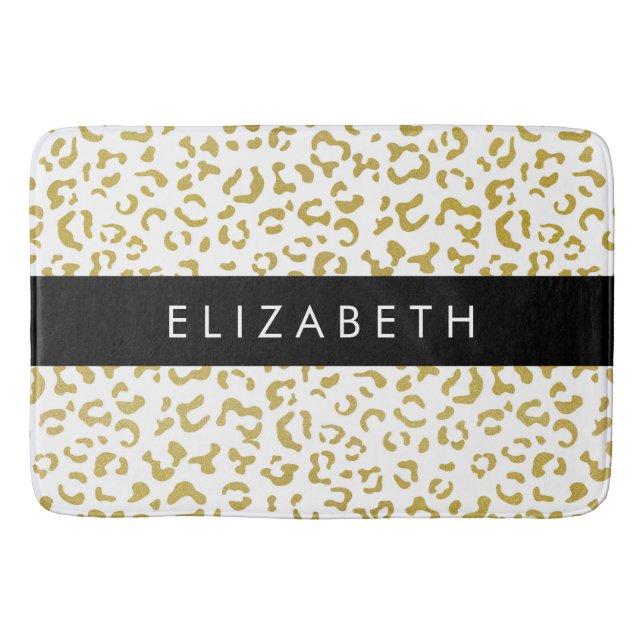 Leopard Print, Guld Leopard, Glitter, ditt namn Badrumsmatta (Framsidan)