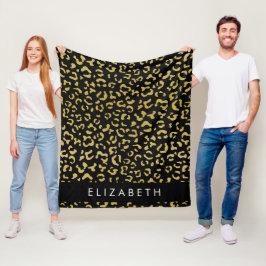 Leopard Print, Guld Leopard, Glitter, ditt namn Fleecefilt