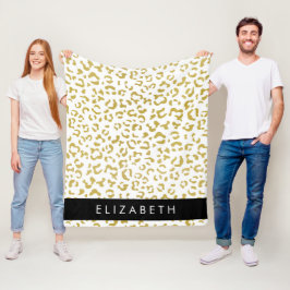 Leopard Print, Guld Leopard, Glitter, ditt namn Fleecefilt