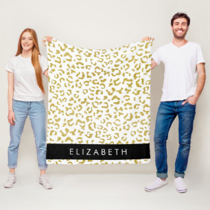 Leopard Print, Guld Leopard, Glitter, ditt namn Fleecefilt