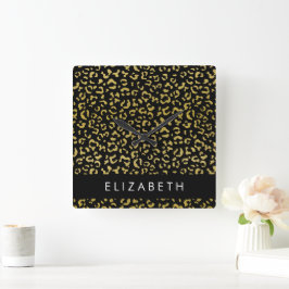 Leopard Print, Guld Leopard, Glitter, ditt namn Fyrkantig Klocka
