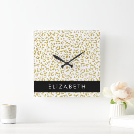 Leopard Print, Guld Leopard, Glitter, ditt namn Fyrkantig Klocka