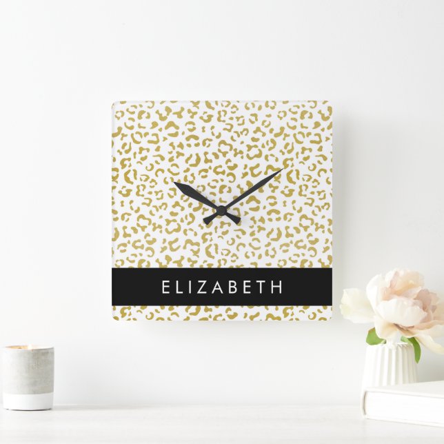 Leopard Print, Guld Leopard, Glitter, ditt namn Fyrkantig Klocka (Hem)