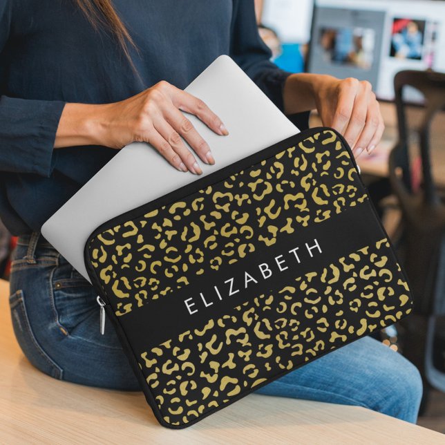Leopard Print, Guld Leopard, Glitter, ditt namn Laptop Fodral (Skapare uppladdad)