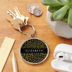 Leopard Print, Guld Leopard, Glitter, ditt namn Rund Silverfärgad Nyckelring