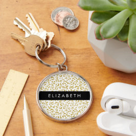 Leopard Print, Guld Leopard, Glitter, ditt namn Rund Silverfärgad Nyckelring