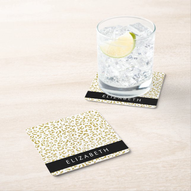 Leopard Print, Guld Leopard, Glitter, ditt namn Underlägg Papper Kvadrat (Insitu)