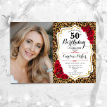 Leopard Print Guld Red Photo 50:e födelsedagen Inbjudningar<br><div class="desc">Femininininbjudan till elegantens blommigt på 50 år med ditt foto. Glam, vit design med faux glitter guld. Innehåller animaliskt leopardtryck, röd ros, skriptteckensnitt och konfekti. Perfekt för en snyggt vuxen under firande party. Anpassa med dina egna detaljer. Kan anpassas för vilken ålder som helst! Skrivna Zazzle-inbjudningar eller digital utskrivbar mall...</div>