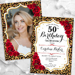 Leopard Print Guld White Photo 50:e födelsedagen Inbjudningar<br><div class="desc">Elegant femininininbjudan på 50 års födelsedag med ditt foto på baksidan av kortet. Glam-design med avtryck av leopard och faux glitter guld. Funktioner röd ros, typsnitt för skript och konfiguration. Perfekt för en snyggt vuxen under firande party. Anpassa med dina egna detaljer. Kan anpassas för vilken ålder som helst! Skrivna...</div>