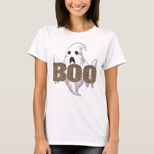 Leopard Print Halloween Ghost Boo Costume Kids Mam T Shirt (Framsida)