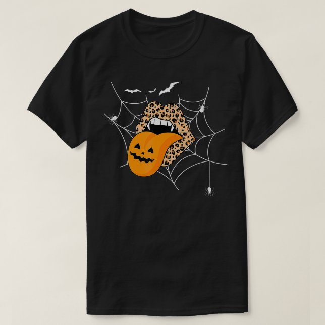 Leopard Print Halloween Läppar Tunga med spiders T Shirt (Design framsida)