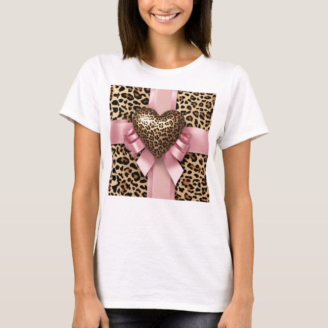 Leopard Print Heart Pink Ribbon T Shirt (Framsida)