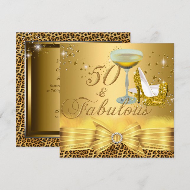 Leopard Print & Heels 50 Fabulous Guld Inbjudningar (Fram/baksida)