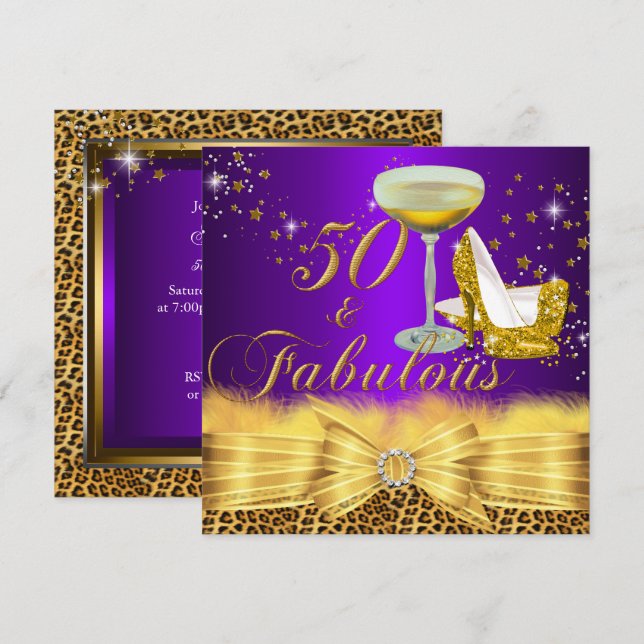 Leopard Print & Heels Lila 50 & Fabulous Inbjudningar (Fram/baksida)