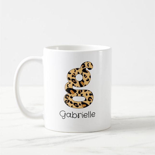 Leopard Print Initial g Lowercase och Namn Kaffemugg (Vänster)
