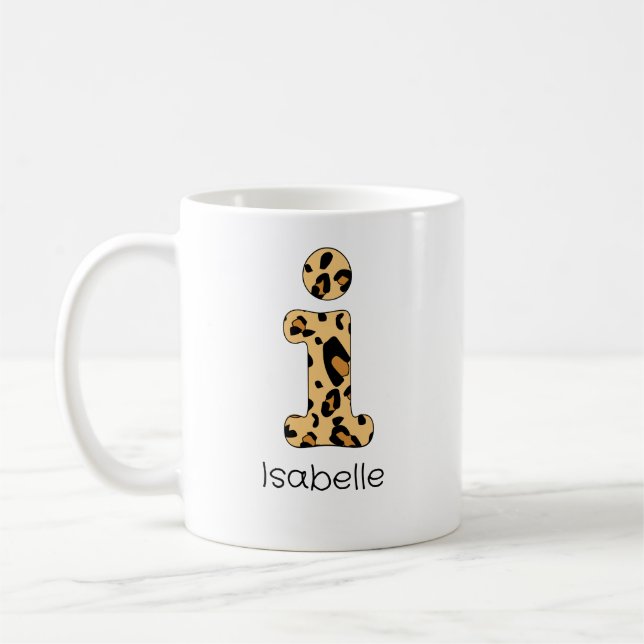 Leopard Print Initial i Lowercase och Namn Kaffemugg (Vänster)