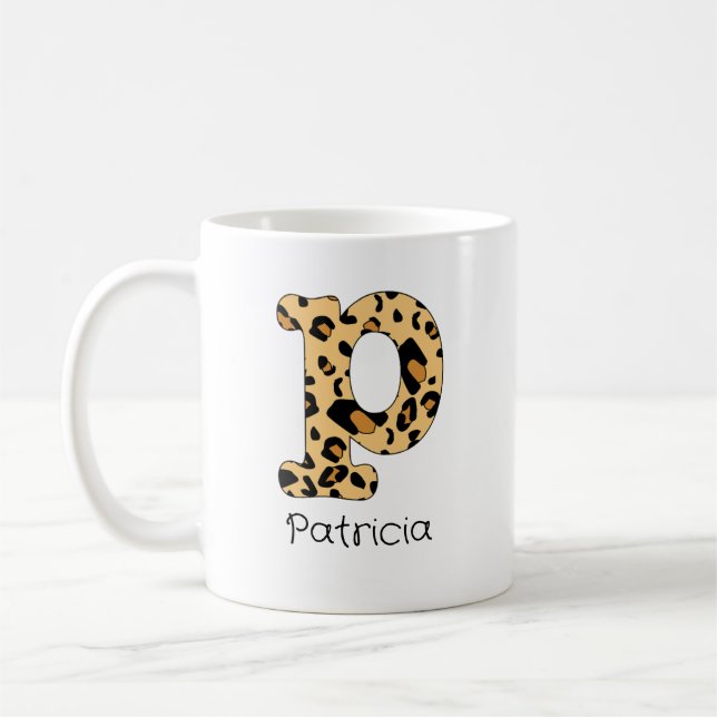Leopard Print Initial Lowercase p och Namn Kaffemugg (Vänster)