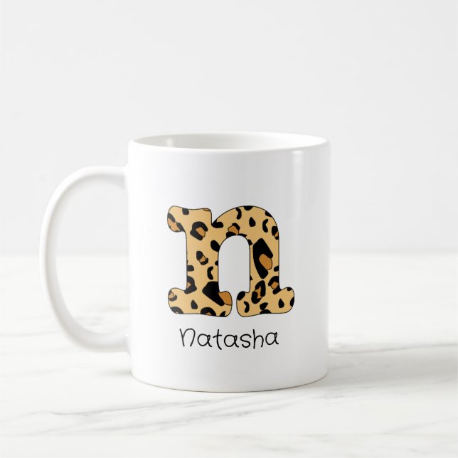 Leopard Print Initial n Lowercase och Namn Kaffemugg (Vänster)