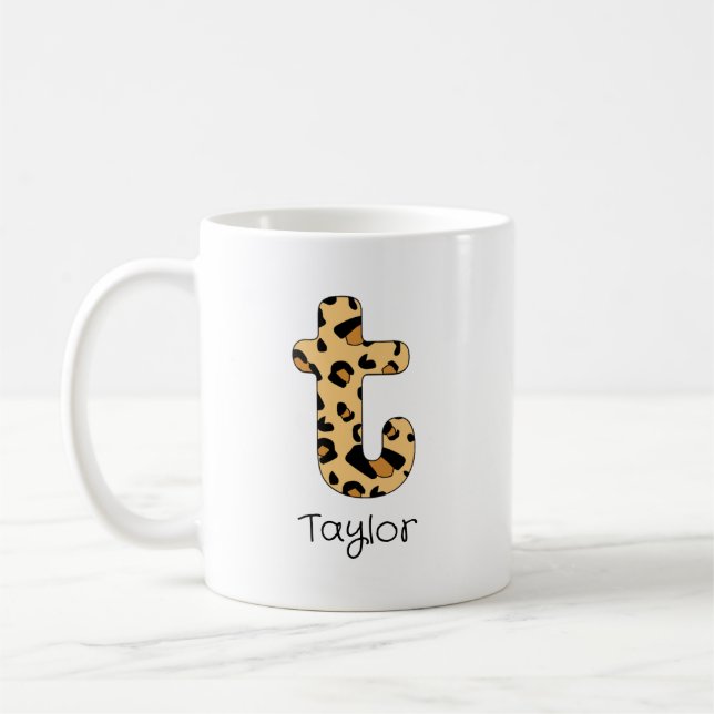 Leopard Print Initial t Lowercase och Namn Kaffemugg (Vänster)